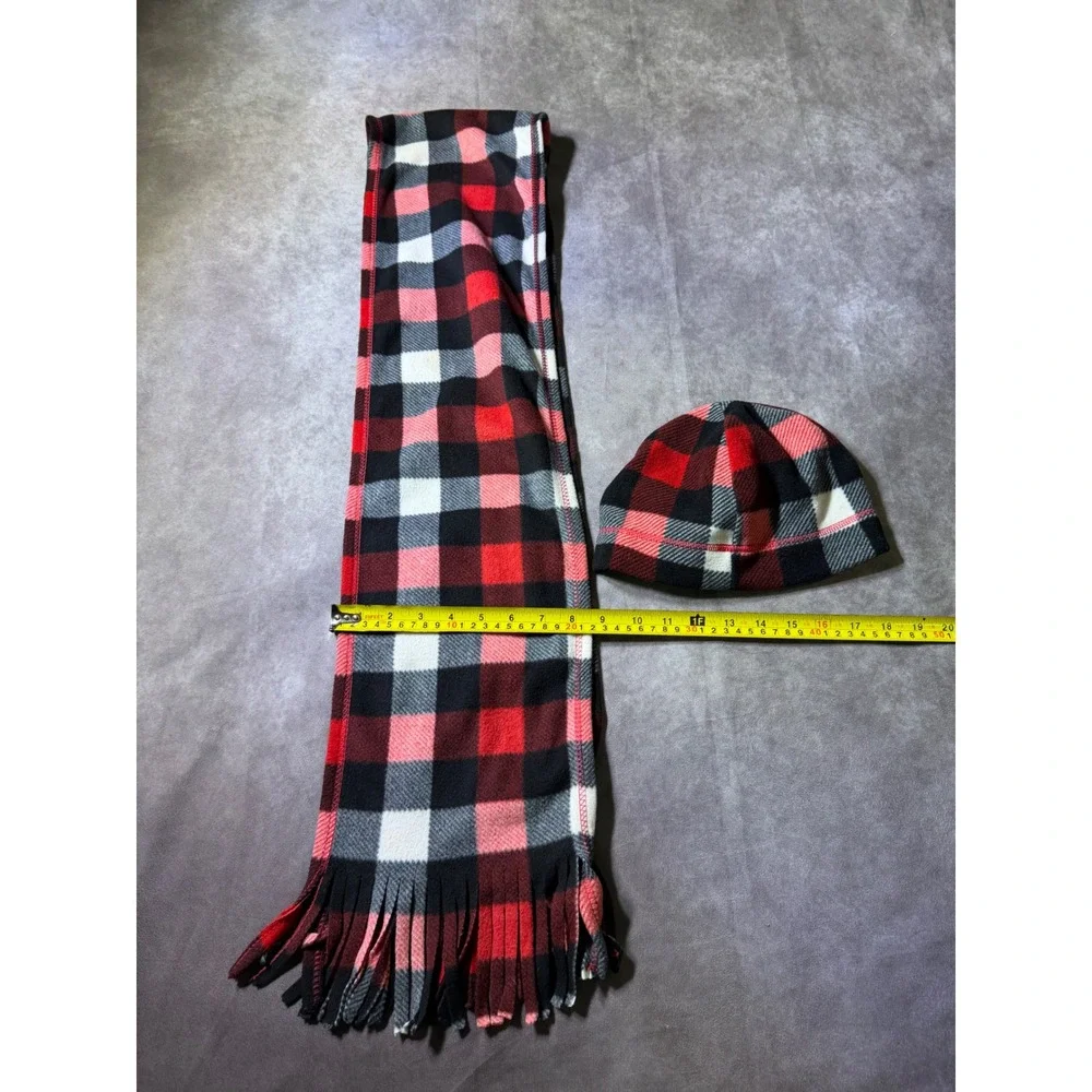 Red Black White Buffalo Plaid Fleece Scarf Beanie Hat Set Winter Accessories